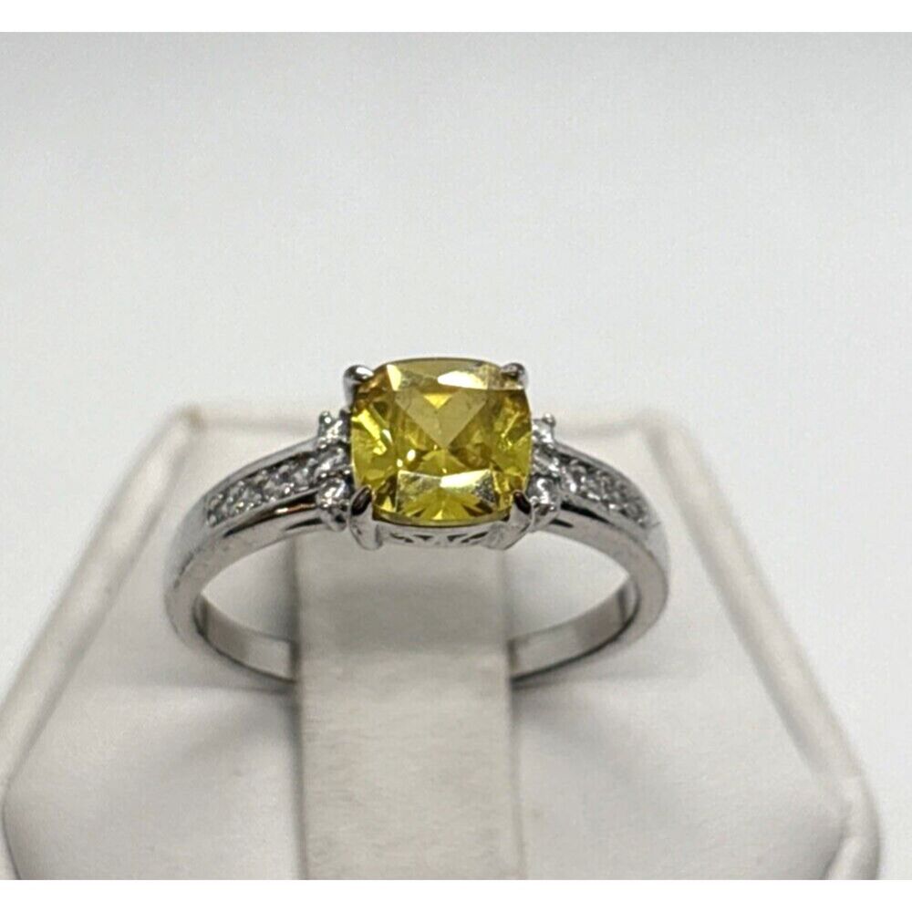 Vintage Yellow White Cubic Zirconia Ring Silver Tone Size 7.75 Engagement Style